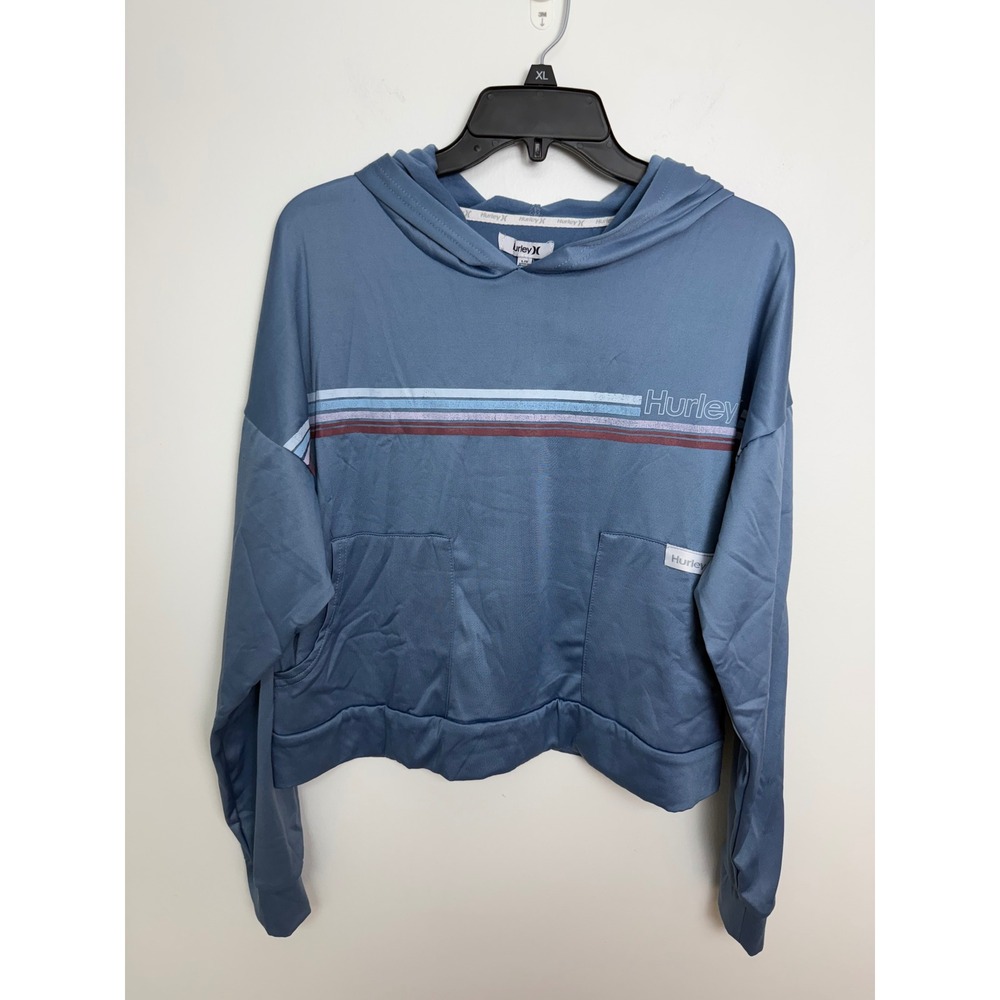 Hurley Womens Blue Striped Logo Cropped Hoodie Sweatshirt L FHUFS004B